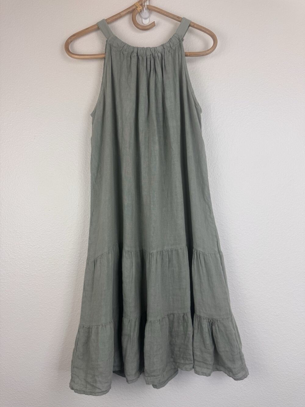 Bellambra Linen Lagenlook Tiered Knee Length Boho Tie Neck Dress Sage Green XL